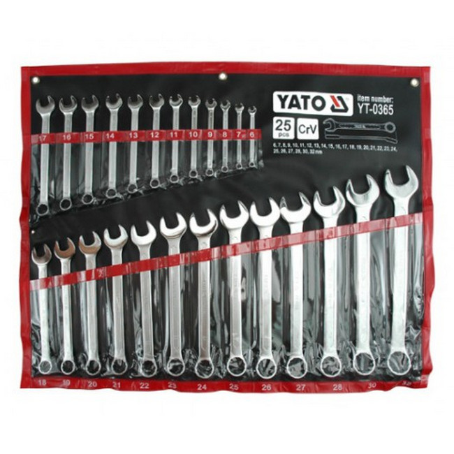 Spanner - Combination - Box and Ring - Chrome Vanadium - 25 Piece Set - 6mm to 32mm - YT-0365