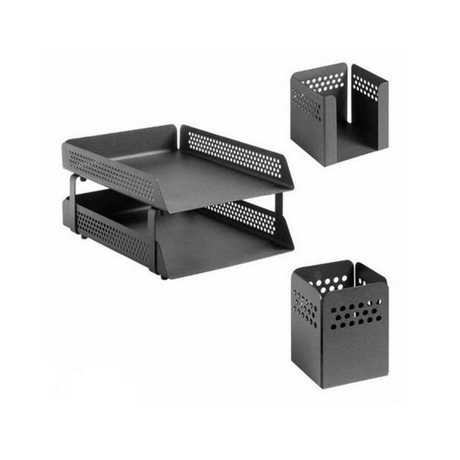 Desk Set - Round Perforated Steel Range - Metal - Letter Tray, Pencil Cube and Cup - Colour Options - 812BL