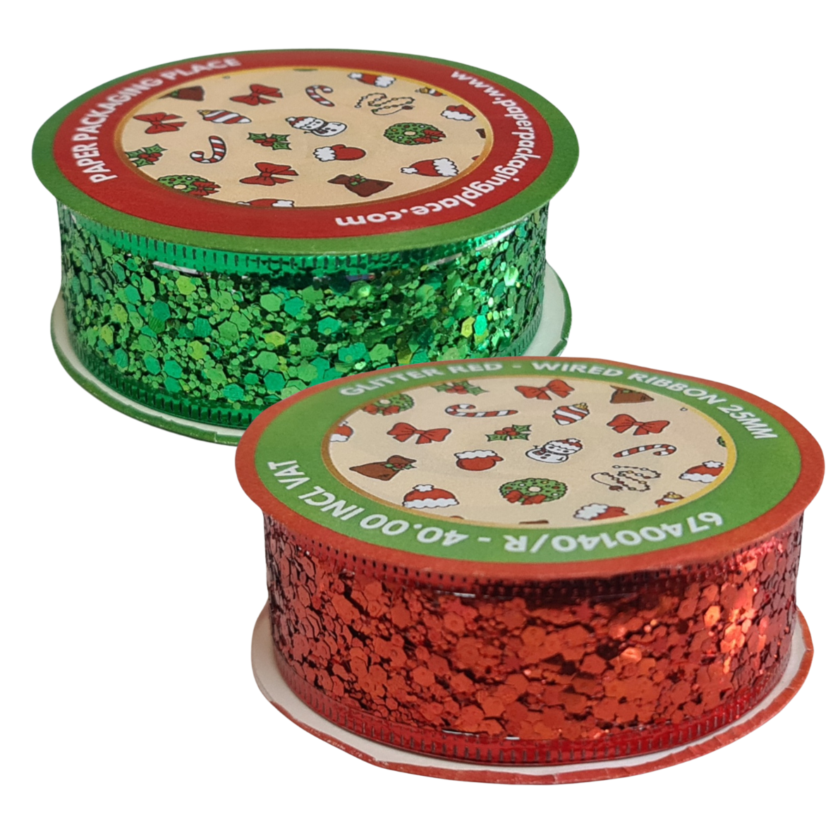 Ribbon – Wired 25mm Glitter Green & Red